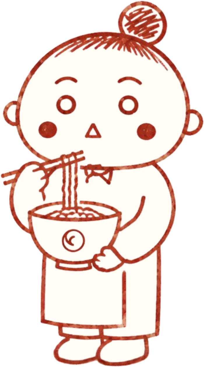 Maruchan, la mascotte de MARUYA, déguste un bol de ramen avec ses baguettes